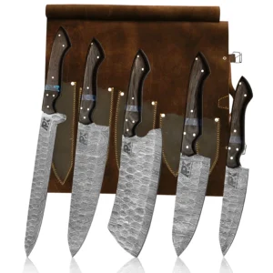 Damascus steel Chef knives set with leather roll
