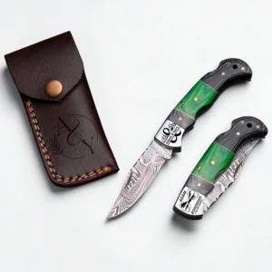 Handmade Damascus Steel Folding Pocket Knife with Green Wood Handle