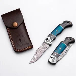 Personalized Handmade Damascus Steel Folding Pocket Knife with Blue Wood Handle