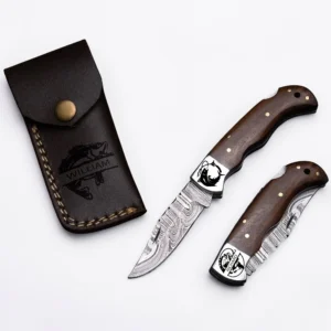 Personalized handmade Damascus steel folding pocket knife with walnut wood handle and leather sheath