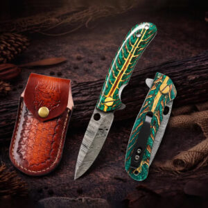 Handmade Damascus Steel Folding Pocket Knife with Epoxy Resin