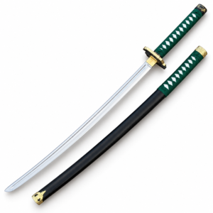 Emerald green katana sword with white diamond-pattern handle, polished blade, gold fittings, and black scabbard on a white background.